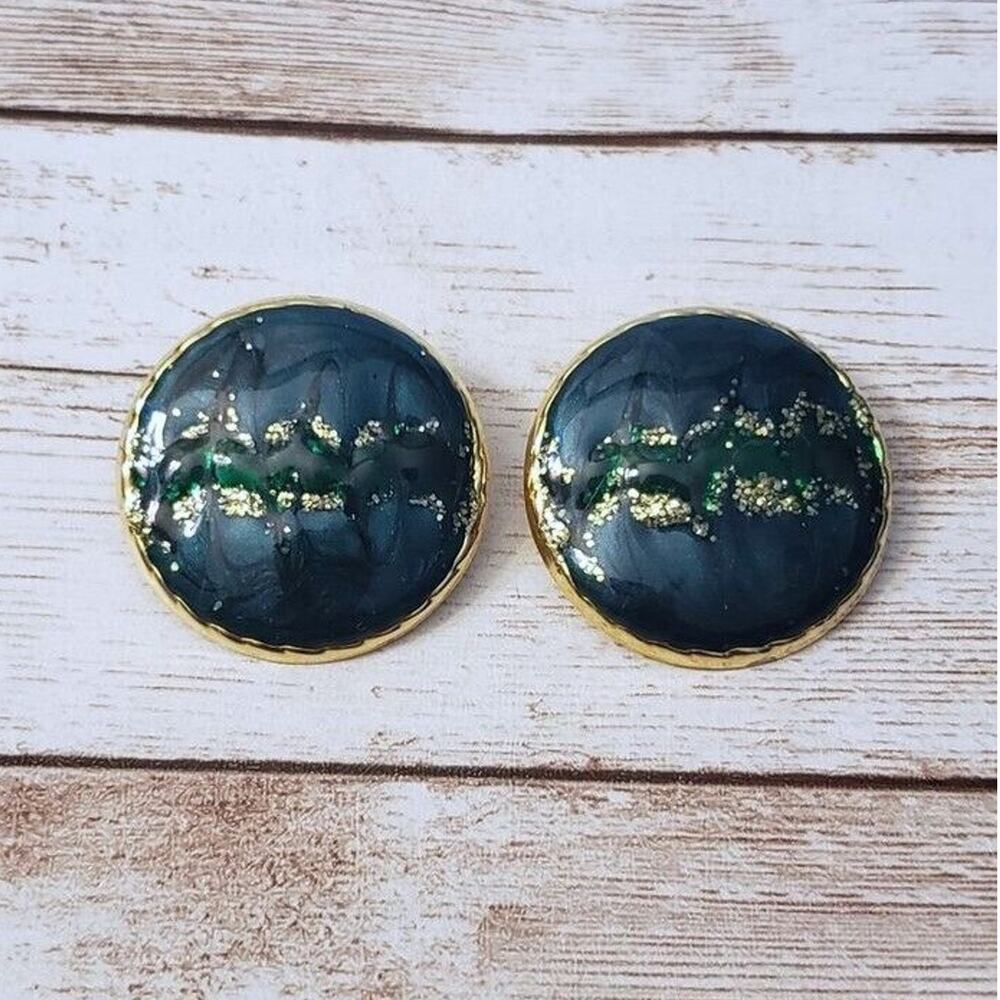 Vintage Clip On Earrings Green Statement Circle with Glitter Detail